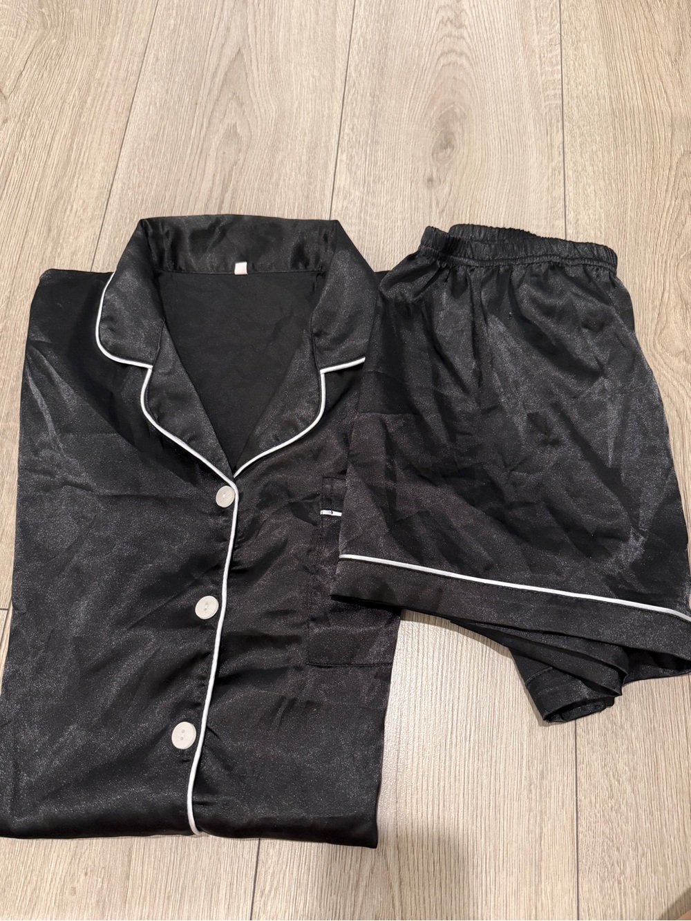 Black Satin Pajama Set with White Piping